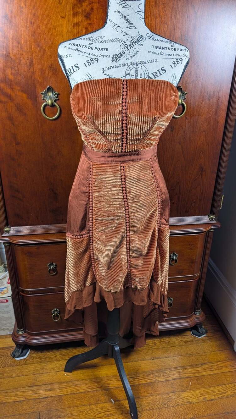 Anthropologie Velvet Dress Asymmetrical Strapless High Low Copper Brown Size 2